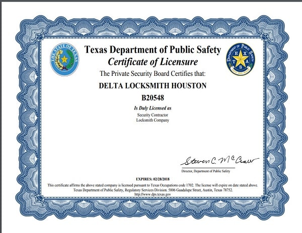 Delta Locksmith Houston - locksmith license